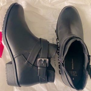 Black buckled leather ankle boots